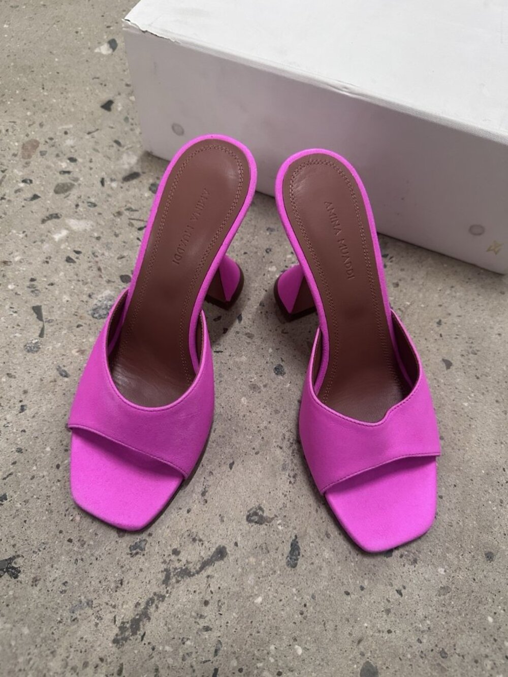 AMINA MUADDI Lupita Suede Slipper Mule Heels Fluo Pink